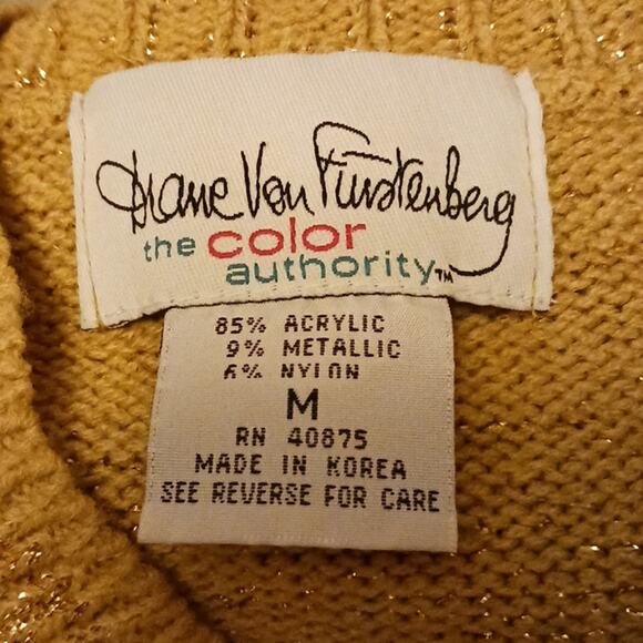 Diane Von Furstenberg DVF Gold Sweater SPARKLES Metallic Long Sleeves Oversized - Picture 14 of 16